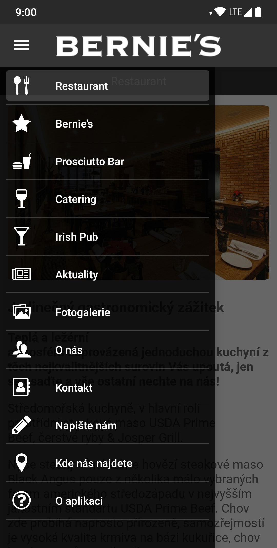 BERNIES — Menu aplikace, screenshot z Google Play
