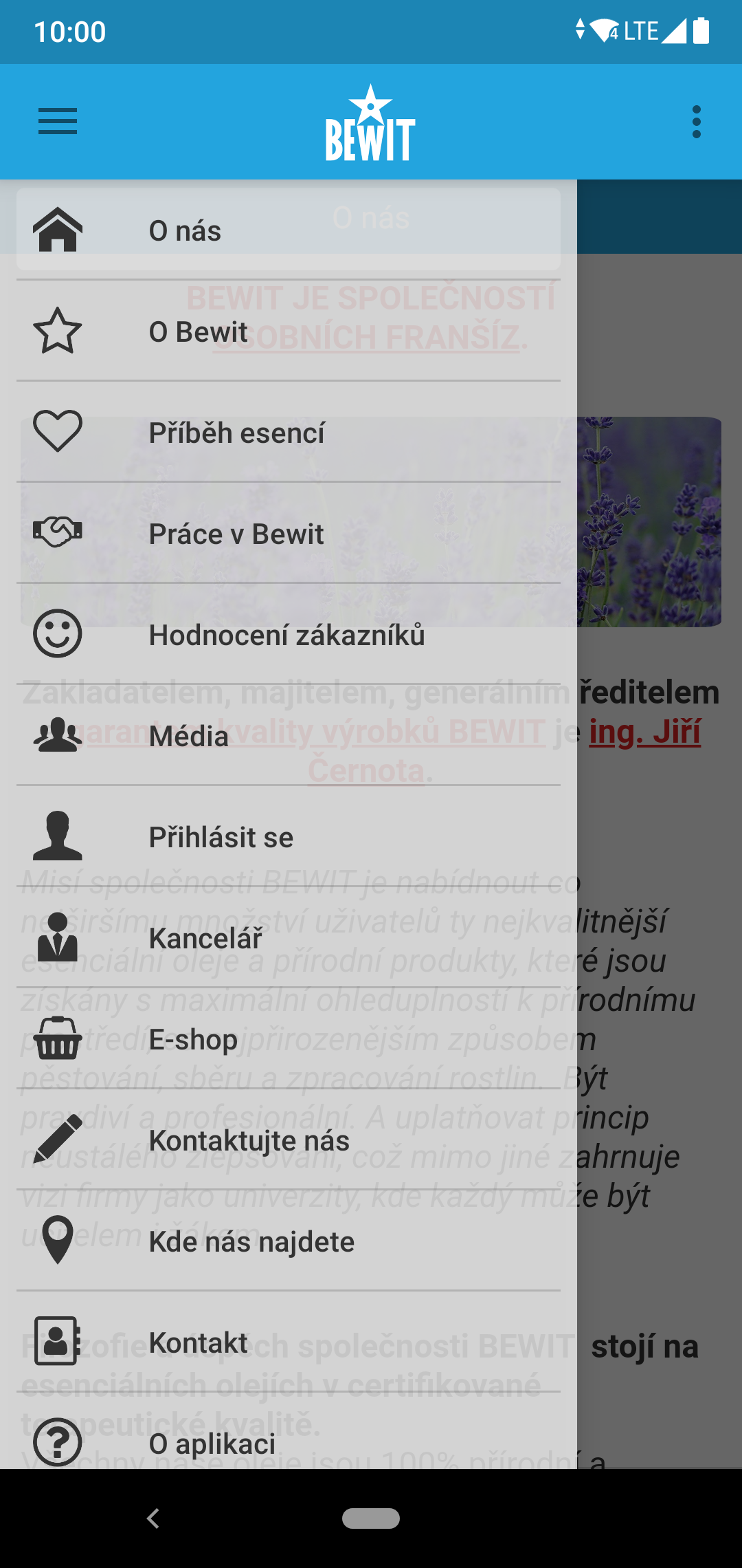 BEWIT — Menu aplikace, screenshot z Google Play