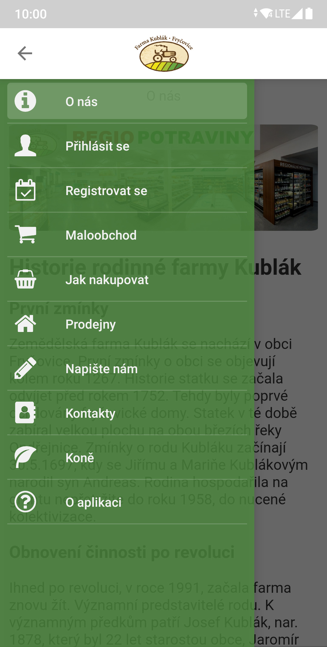 Farma Kublák — Menu aplikace, screenshot z Google Play