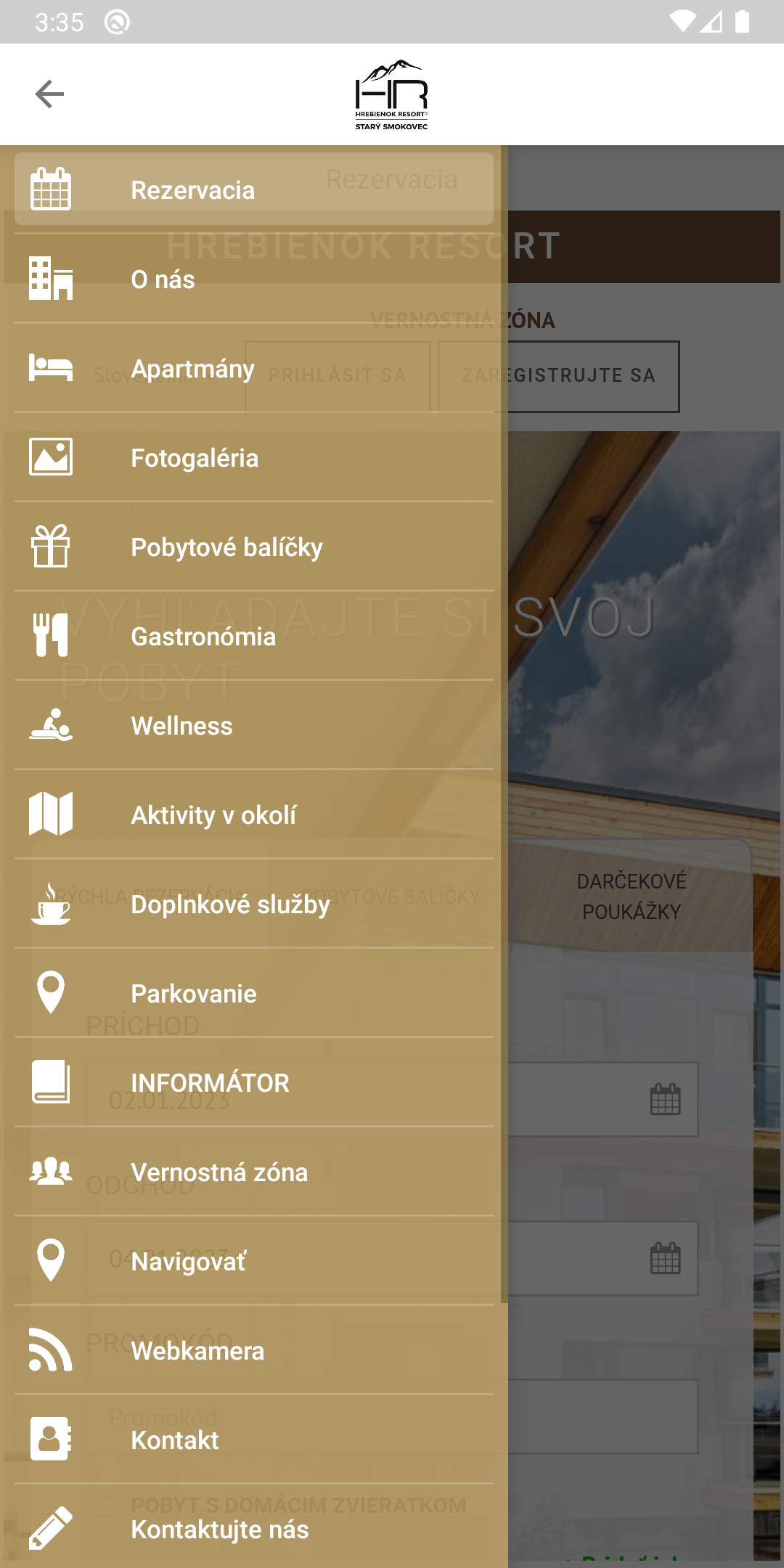 Skutečné menu aplikace Hrebienok Resort s wellness, gastronomií a kontakty
