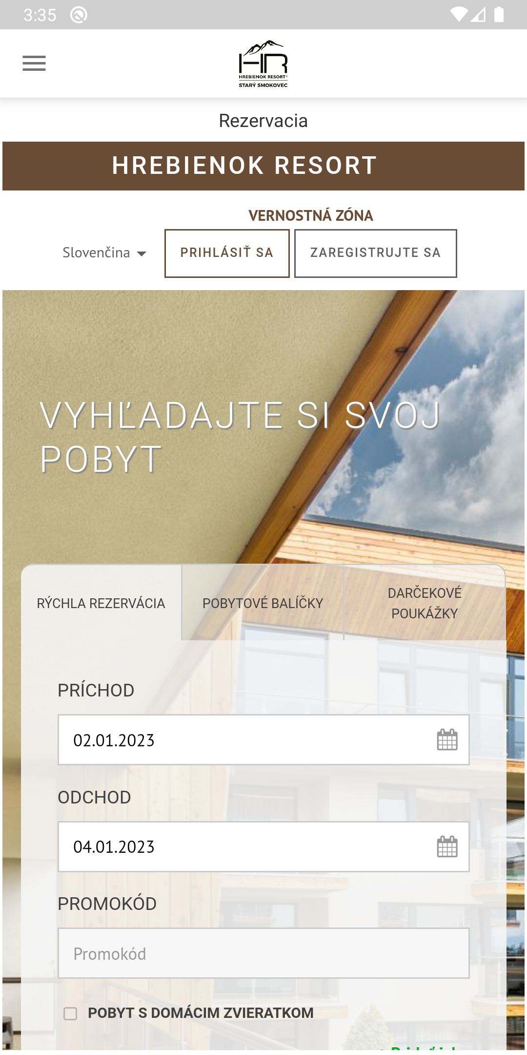 Skutečná obrazovka aplikace Hrebienok Resort: vyhledání pobytu a pobytové balíčky