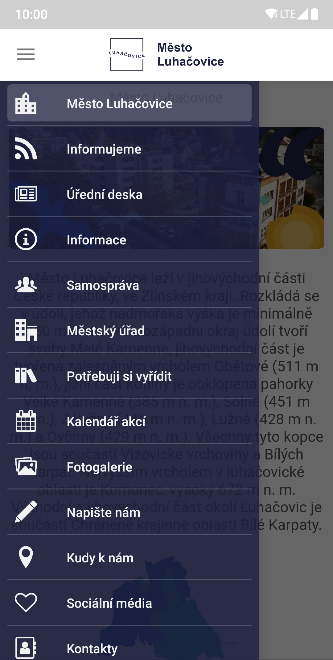 Město Luhačovice — Menu aplikace, screenshot z Google Play