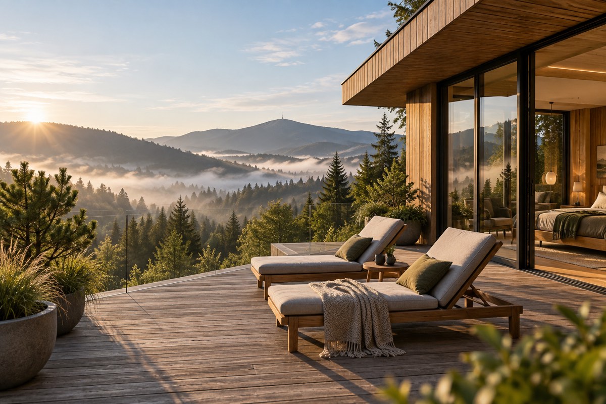 Ilustrační fotografie odpočinkové terasy hotelu s výhledem na hory