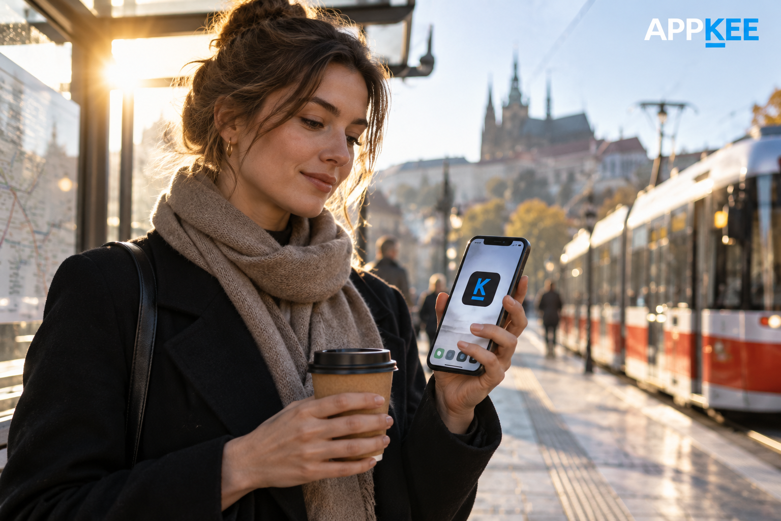 Žena na městské zastávce používá mobilní aplikaci; v rohu fotografie je logo APPKEE.